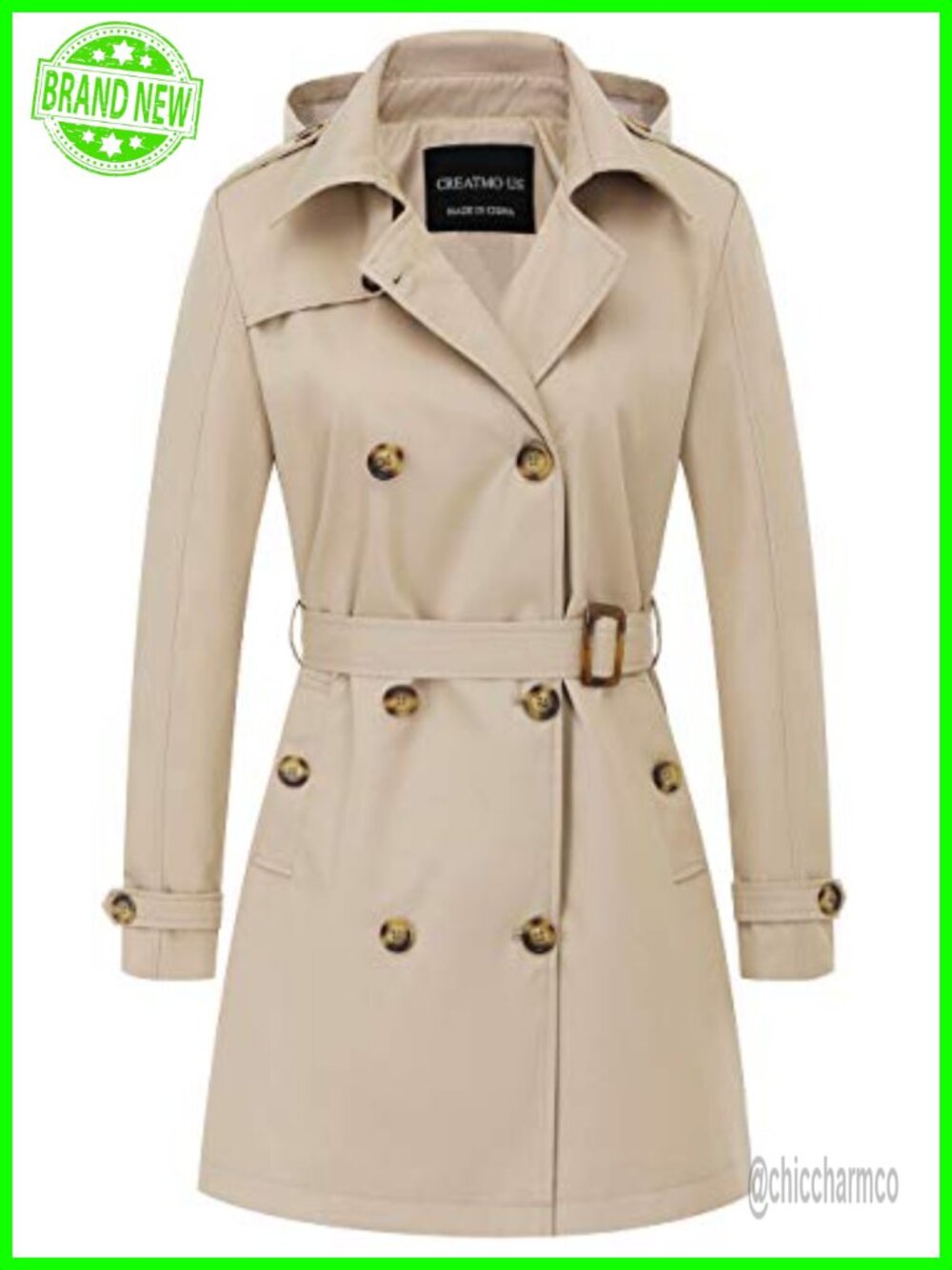 Women's Double-Breasted Trench Coat Water-Repellent Belted Hooded Overcoat